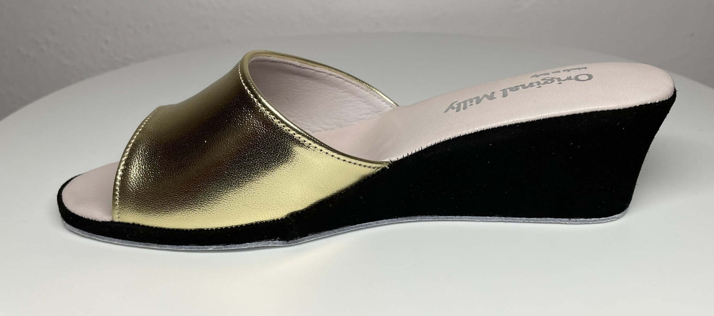 1103 Nappa Oro e Camoscio Nero Suola Bufalo Ciabatte da camera Donna Original Milly Made in Italy