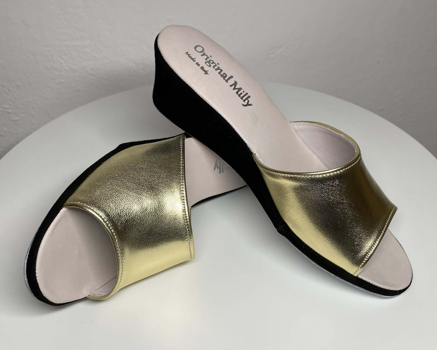 1103 Nappa Oro e Camoscio Nero Suola Bufalo Ciabatte da camera Donna Original Milly Made in Italy
