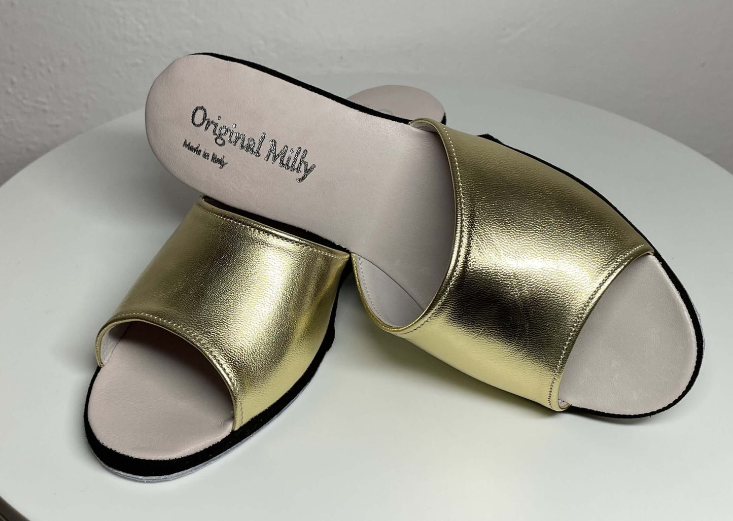 1103 Nappa Oro e Camoscio Nero Suola Bufalo Ciabatte da camera Donna Original Milly Made in Italy