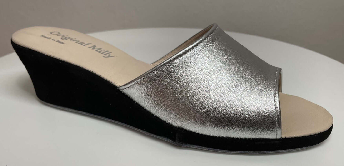 1103 Nappa e Camoscio Nero Argento suola Bufalo Ciabatte da camera Donna Original Milly Made in Italy