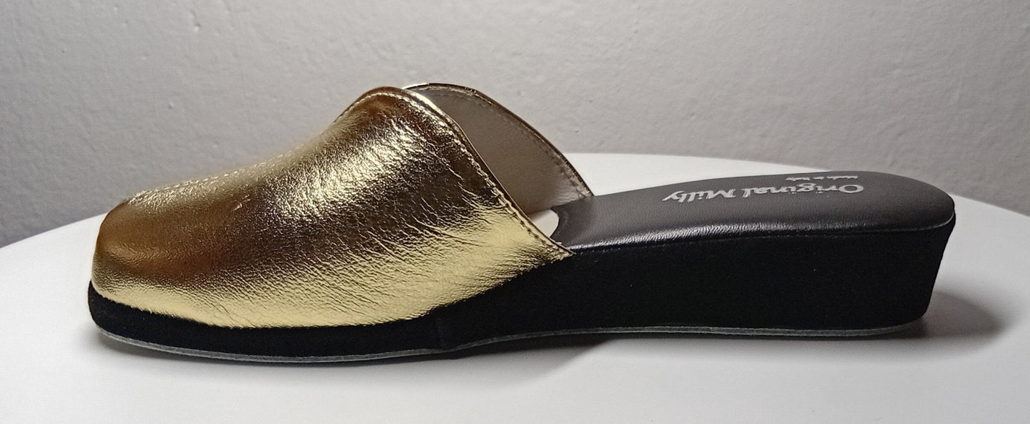 1200 Nappa Nero Oro suola Bufalo Ciabatte da camera Donna Original Milly Made in Italy - Foto N 3