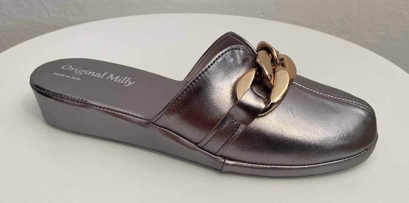 1201 Nappa Piombo con catena Oro suola Bufalo Ciabatte da camera Donna Original Milly Made in Italy