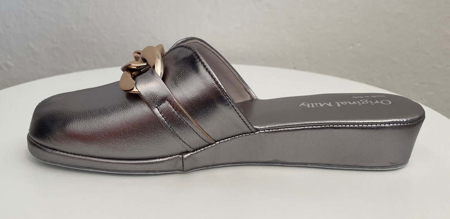 1201 Nappa Piombo con catena Oro suola Bufalo Ciabatte da camera Donna Original Milly Made in Italy