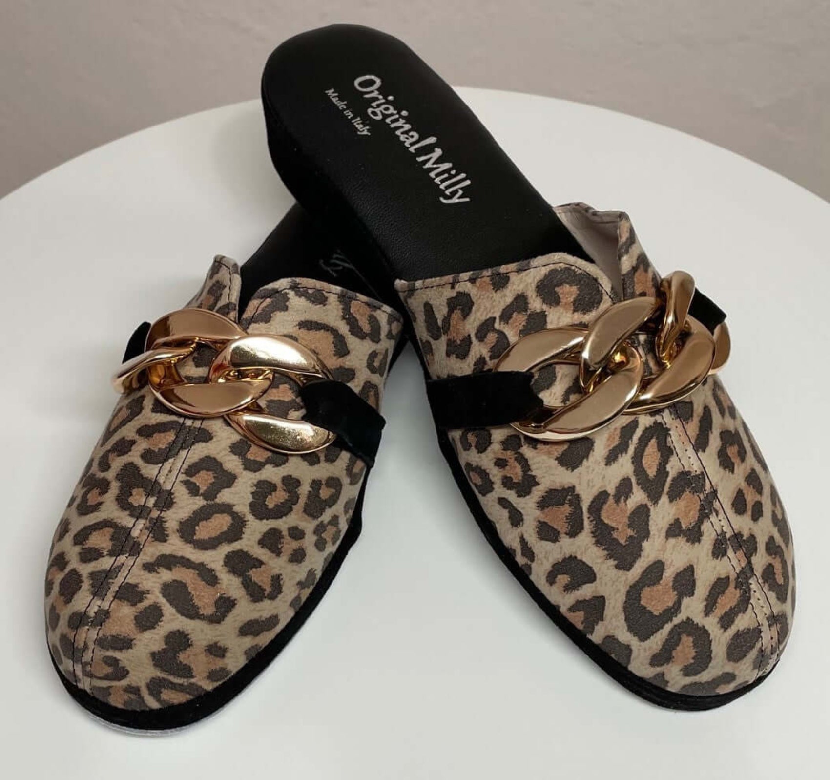 1201 Nappa e Camoscio Leopardo con catena Oro suola Bufalo Ciabatte da camera Donna Original Milly Made in Italy