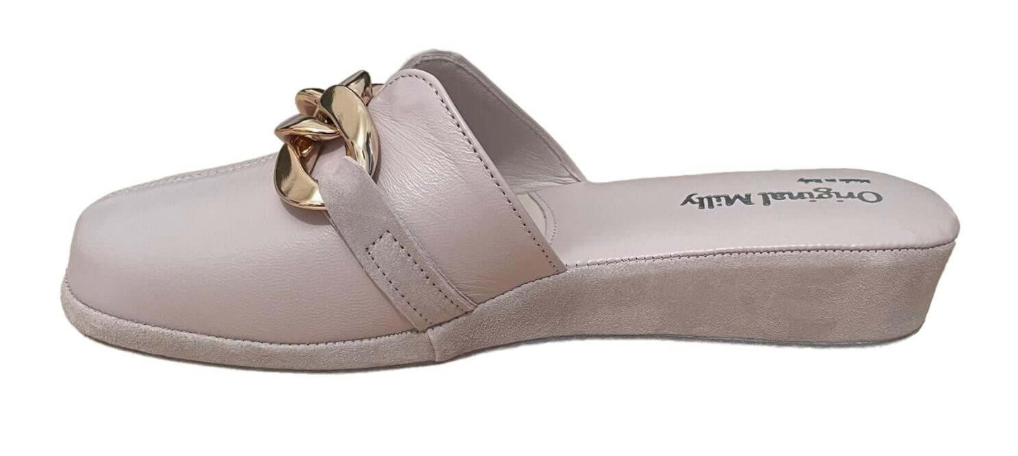 1201 Nappa e Camoscio Peonia con catena Oro suola Bufalo Ciabatte da camera Donna Original Milly Made in Italy