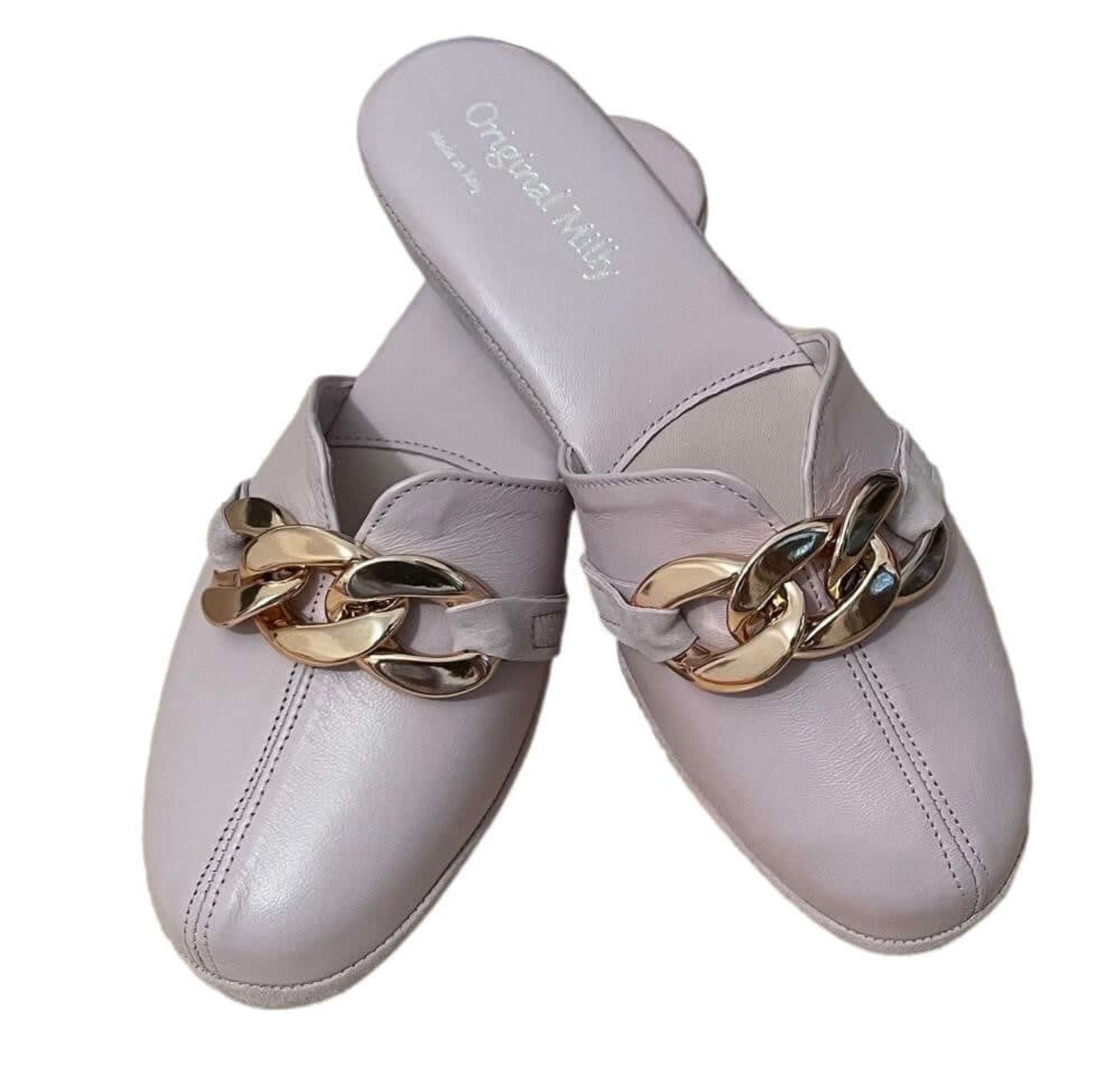 1201 Nappa e Camoscio Peonia con catena Oro suola Bufalo Ciabatte da camera Donna Original Milly Made in Italy