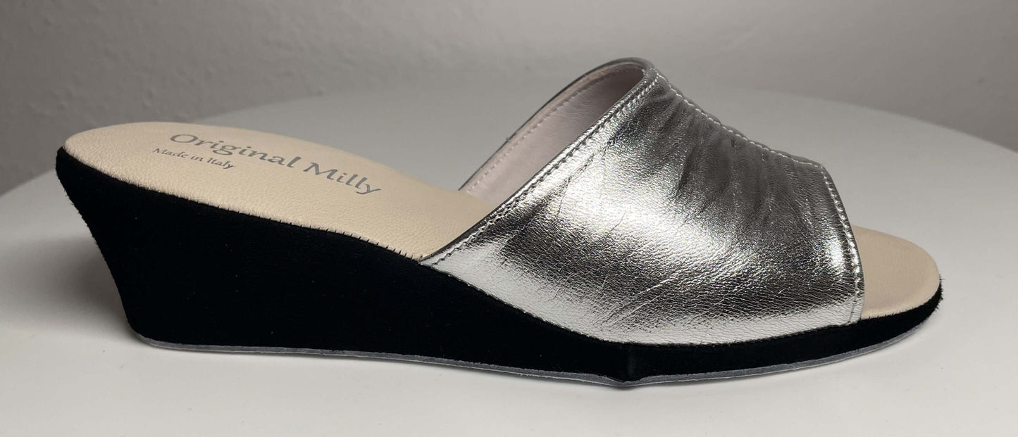 1705 Nappa Argento e Camoscio Nero Suola Bufalo Ciabatte da camera Donna Original Milly Made in Italy