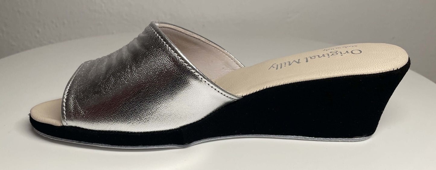 1705 Nappa Argento e Camoscio Nero Suola Bufalo Ciabatte da camera Donna Original Milly Made in Italy
