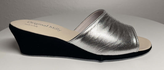 1705 Nappa e Camoscio Nero Argento Suola Bufalo Ciabatte da camera Donna Original Milly Made in Italy