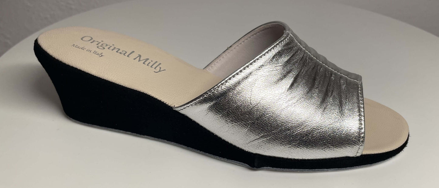 1705 Nappa e Camoscio Nero Argento Suola Bufalo Ciabatte da camera Donna Original Milly Made in Italy