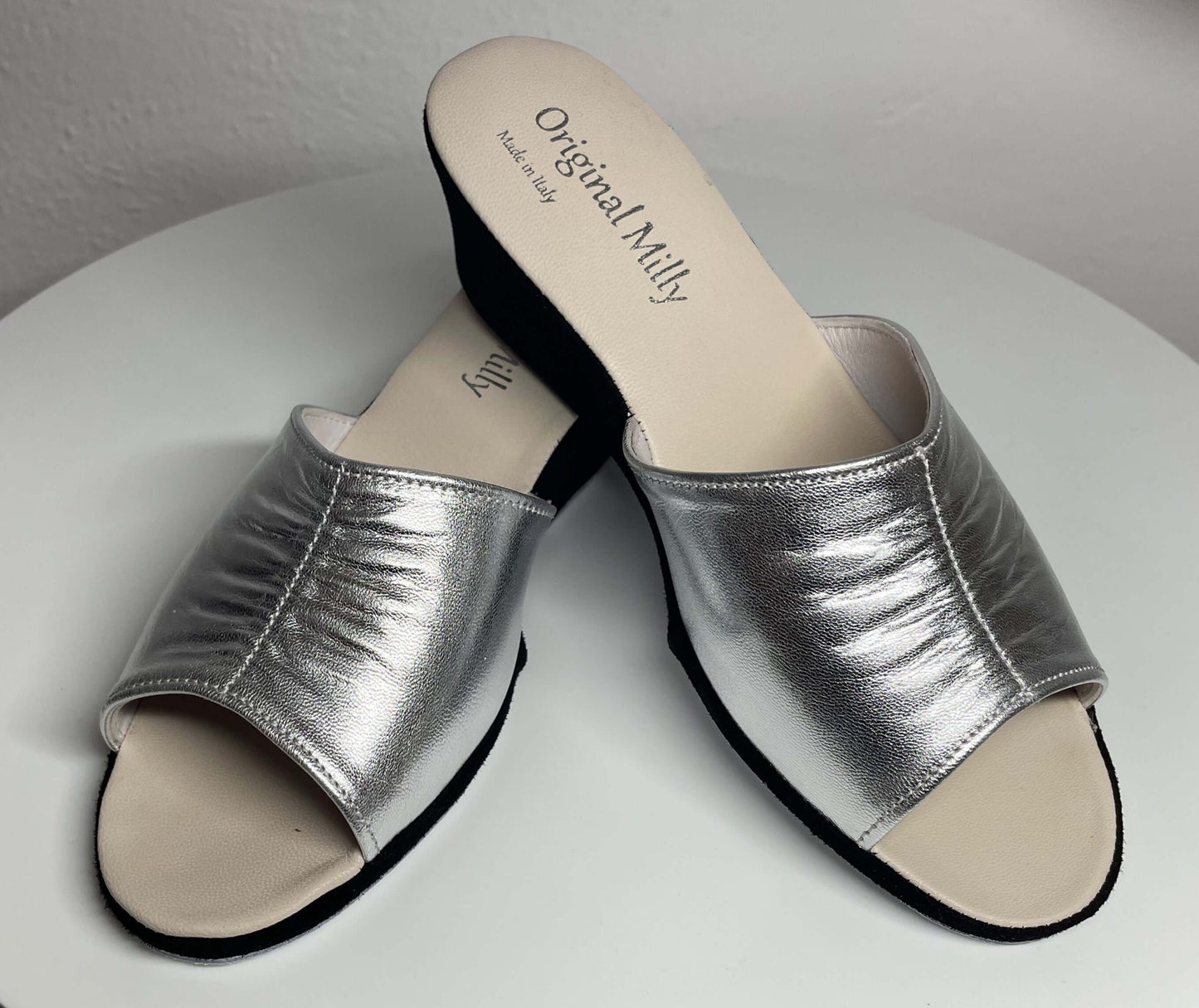 1705 Nappa e Camoscio Nero Argento Suola Bufalo Ciabatte da camera Donna Original Milly Made in Italy