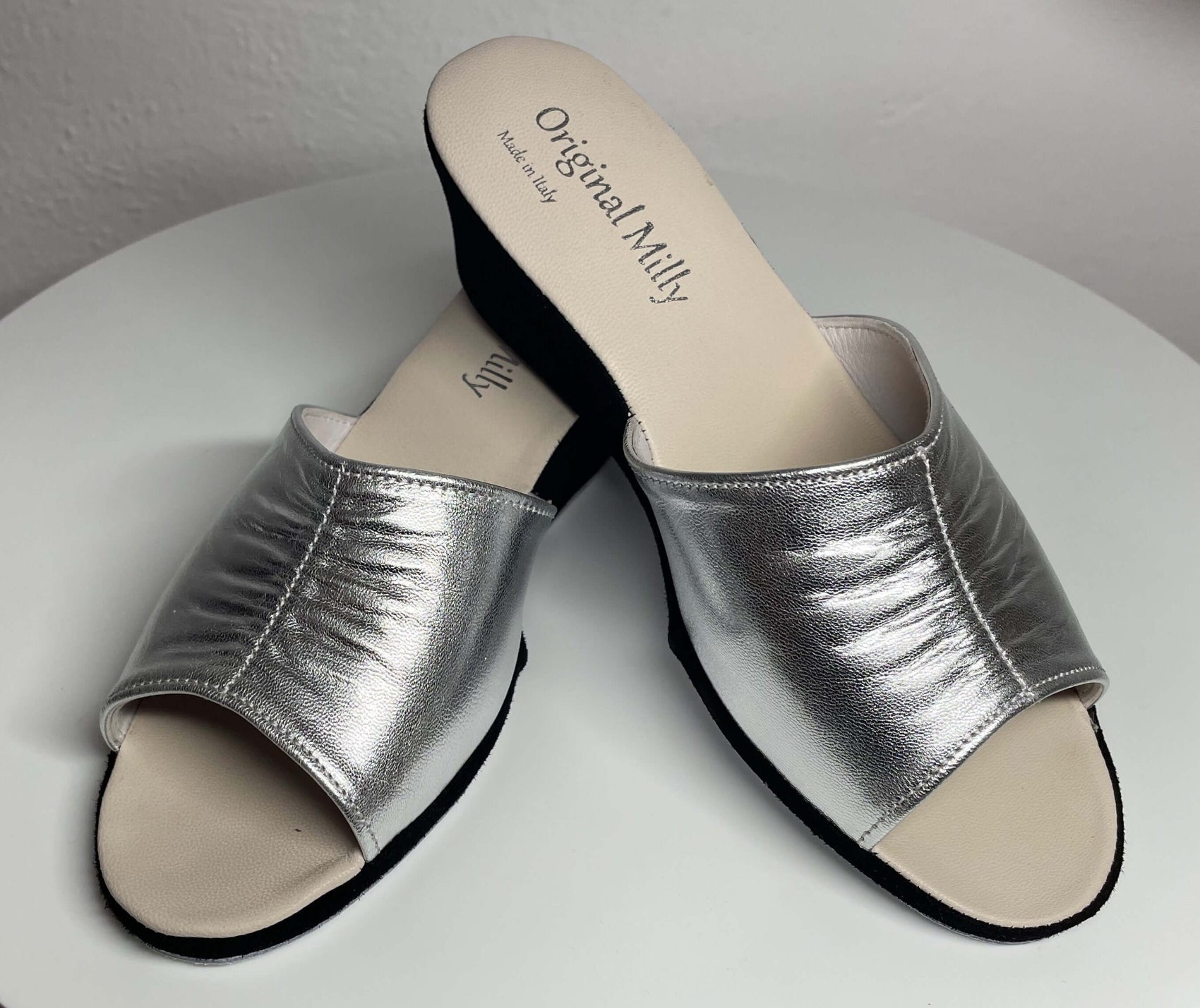 1705 Nappa e Camoscio Nero Argento Suola Bufalo Ciabatte da camera Donna Original Milly Made in Italy