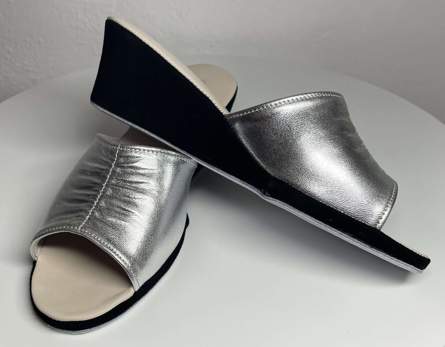 1705 Nappa e Camoscio Nero Argento Suola Bufalo Ciabatte da camera Donna Original Milly Made in Italy