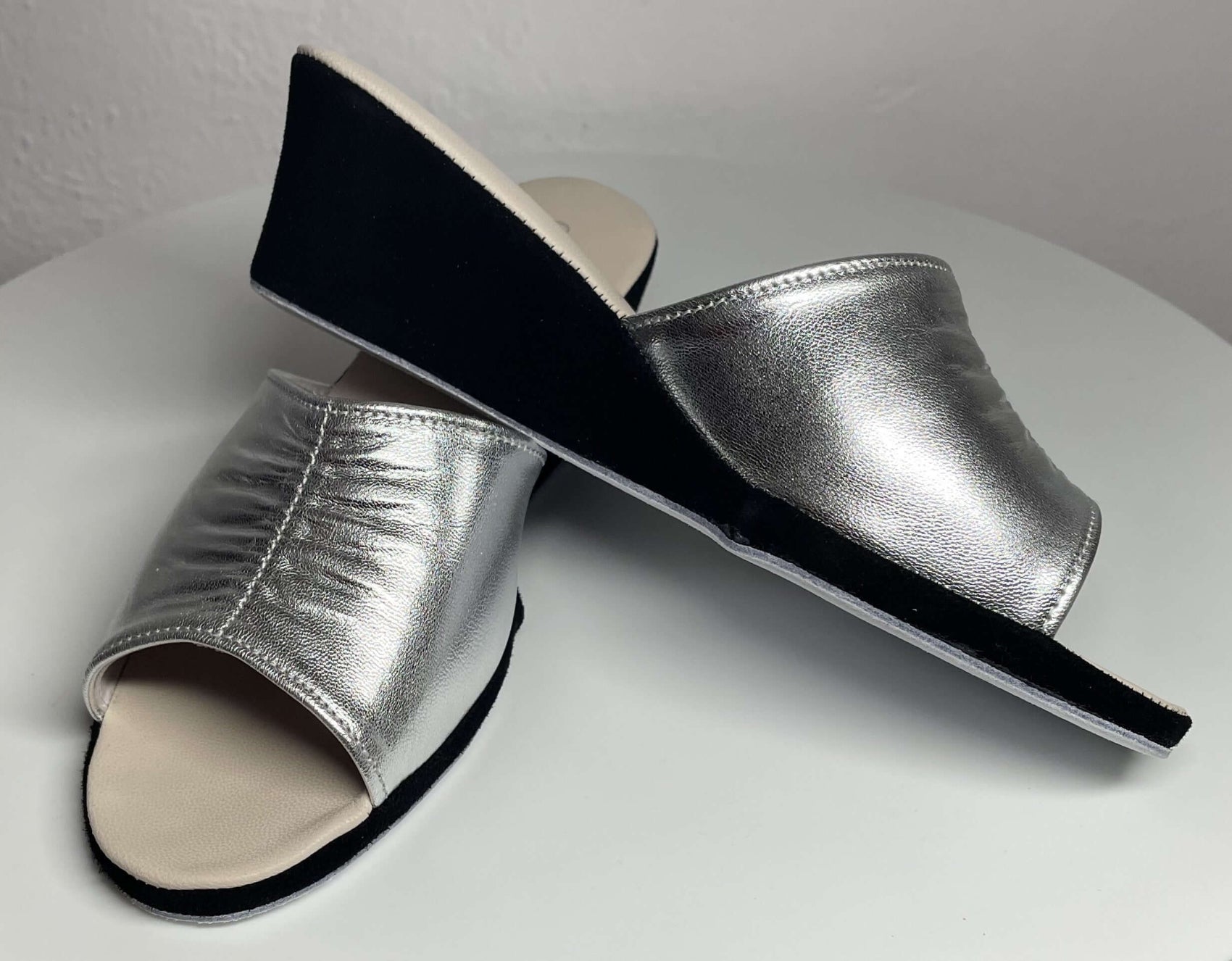 1705 Nappa e Camoscio Nero Argento Suola Bufalo Ciabatte da camera Donna Original Milly Made in Italy