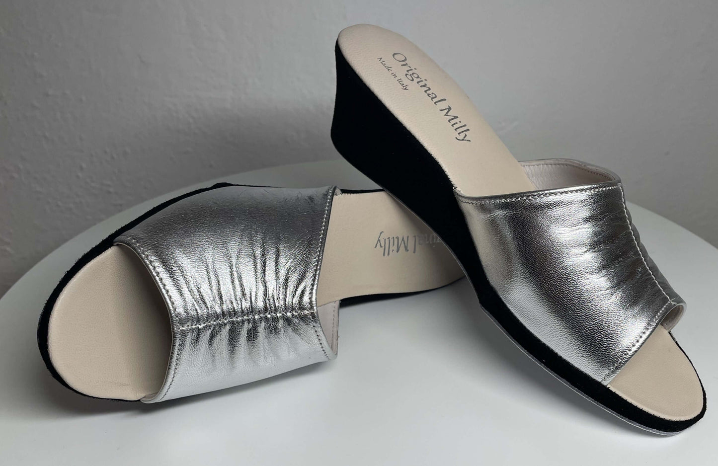 1705 Nappa e Camoscio Nero Argento Suola Bufalo Ciabatte da camera Donna Original Milly Made in Italy