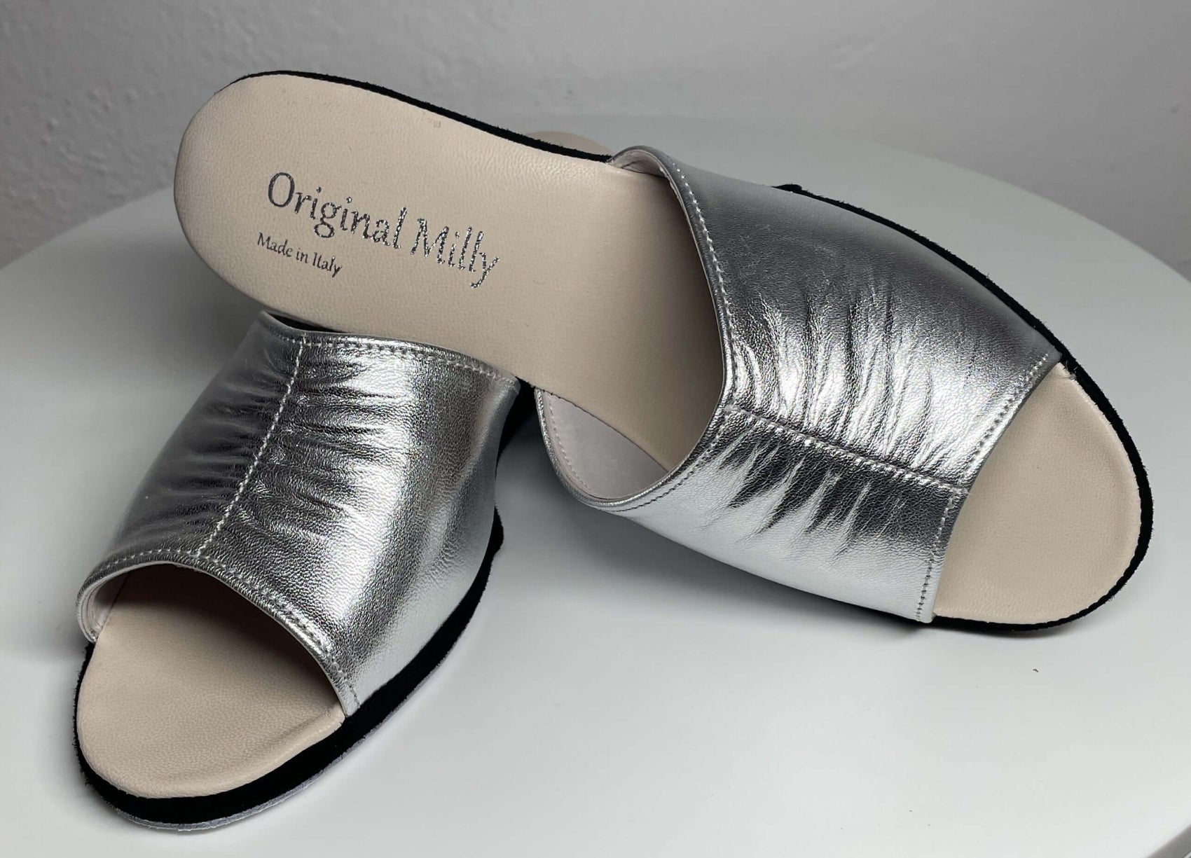 1705 Nappa e Camoscio Nero Argento Suola Bufalo Ciabatte da camera Donna Original Milly Made in Italy