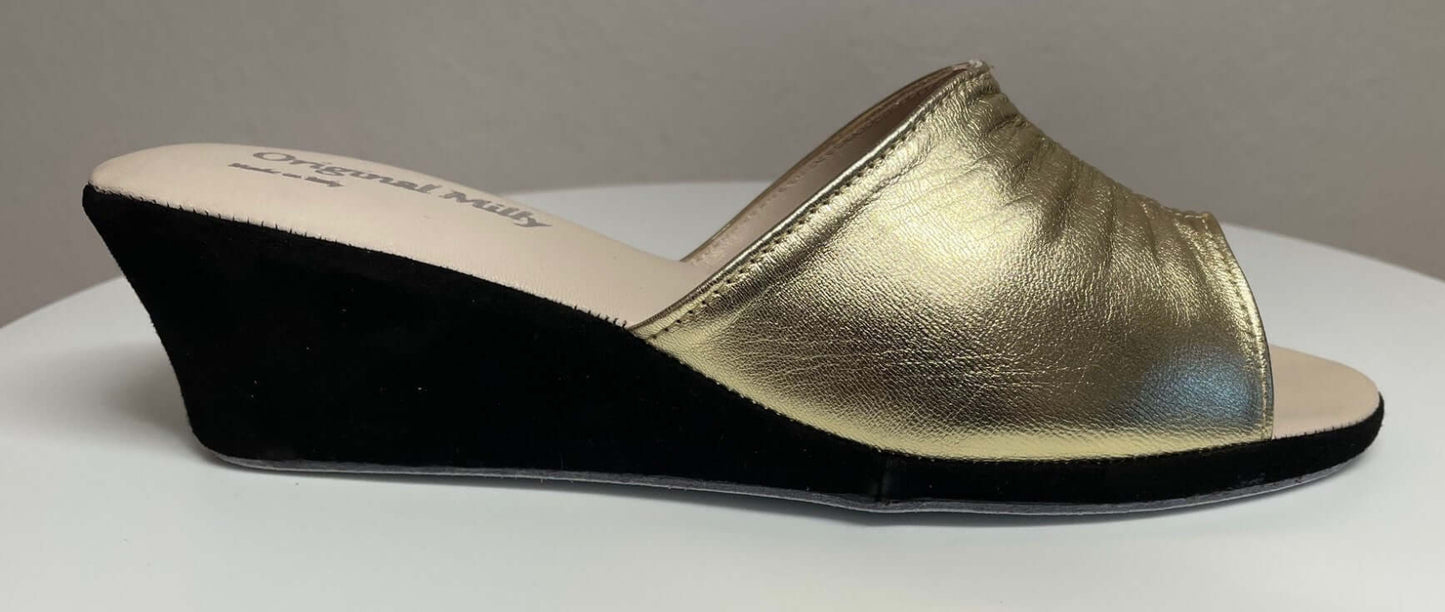 1705 Nappa e Camoscio Nero Oro suola Bufalo Ciabatte da camera Donna Original Milly Made in Italy