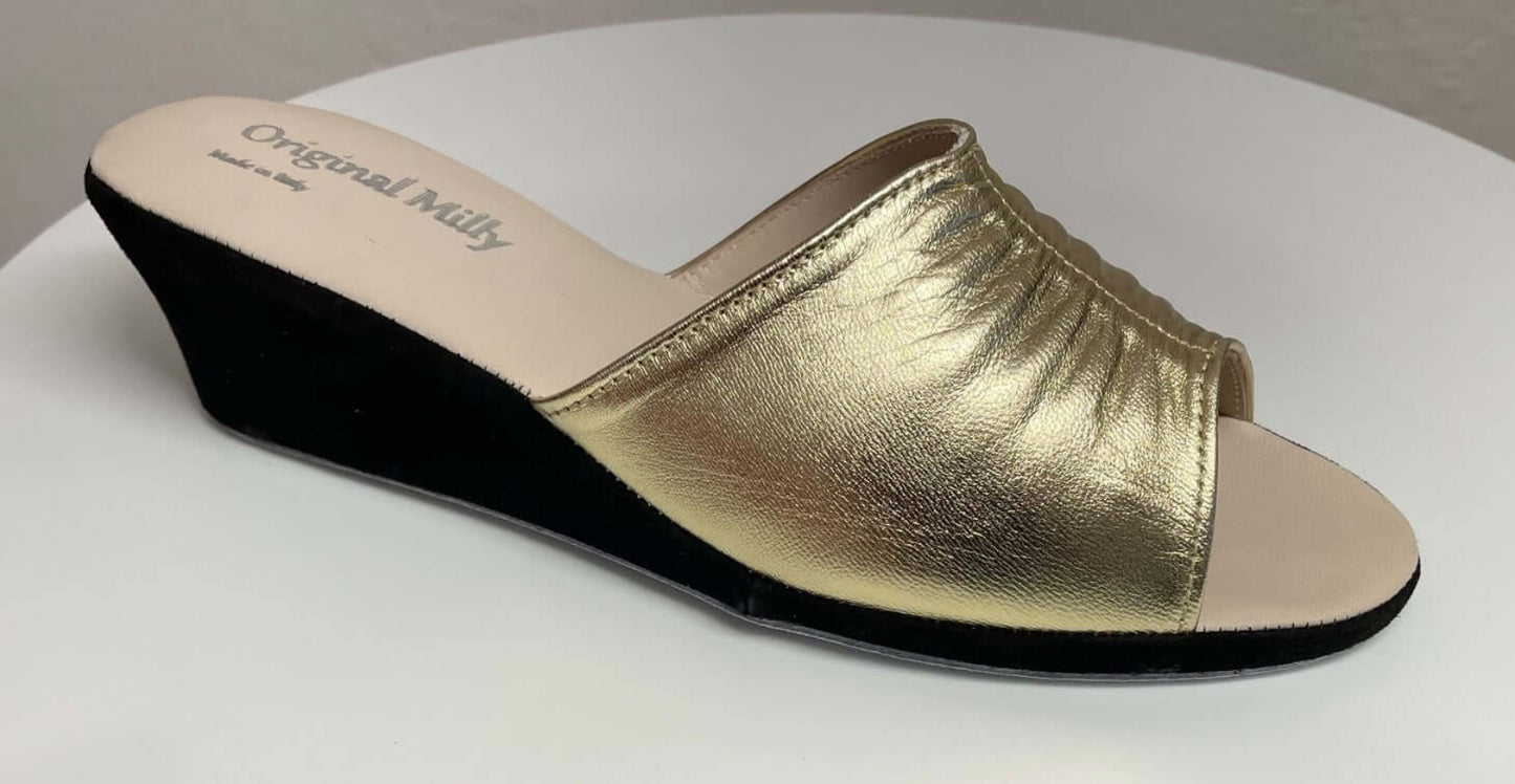 1705 Nappa e Camoscio Nero Oro suola Bufalo Ciabatte da camera Donna Original Milly Made in Italy