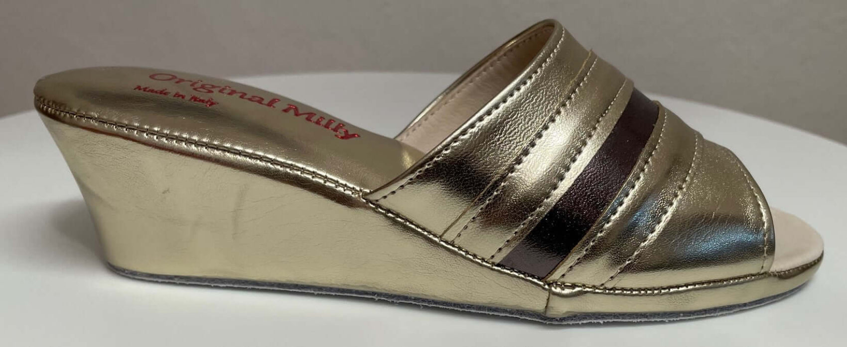 1706 Ecopelle Oro Suola Bufalo Ciabatte da camera Donna Original Milly Made in Italy