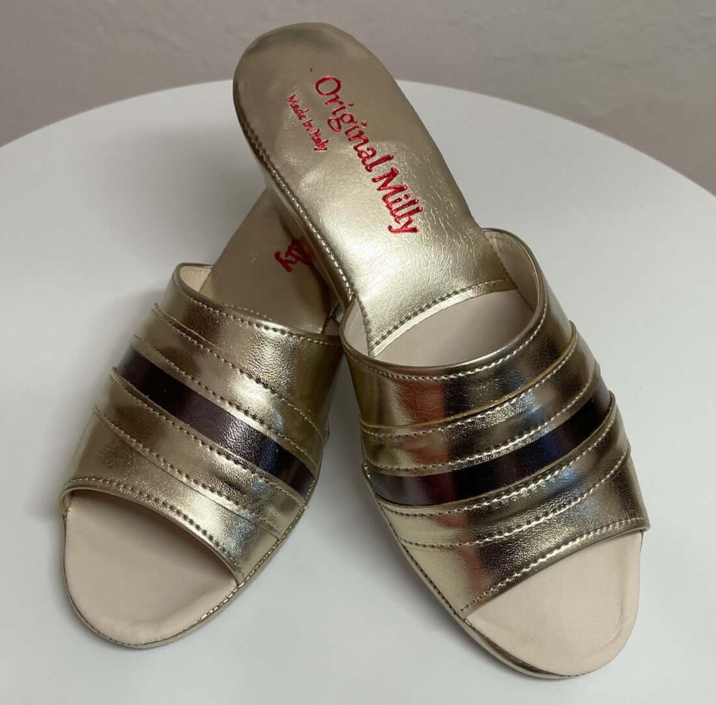 1706 Ecopelle Oro Suola Bufalo Ciabatte da camera Donna Original Milly Made in Italy