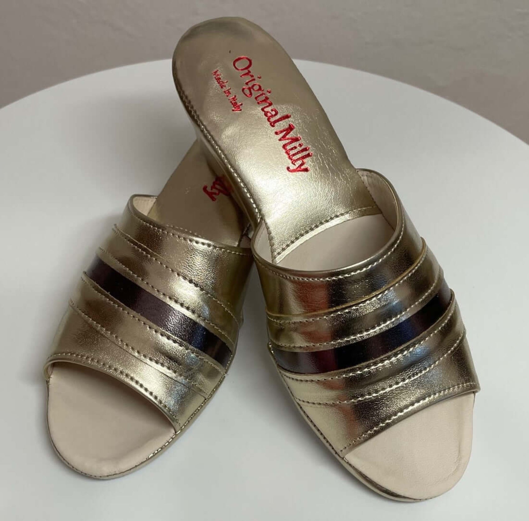 1706 Ecopelle Oro Suola Bufalo Ciabatte da camera Donna Original Milly Made in Italy