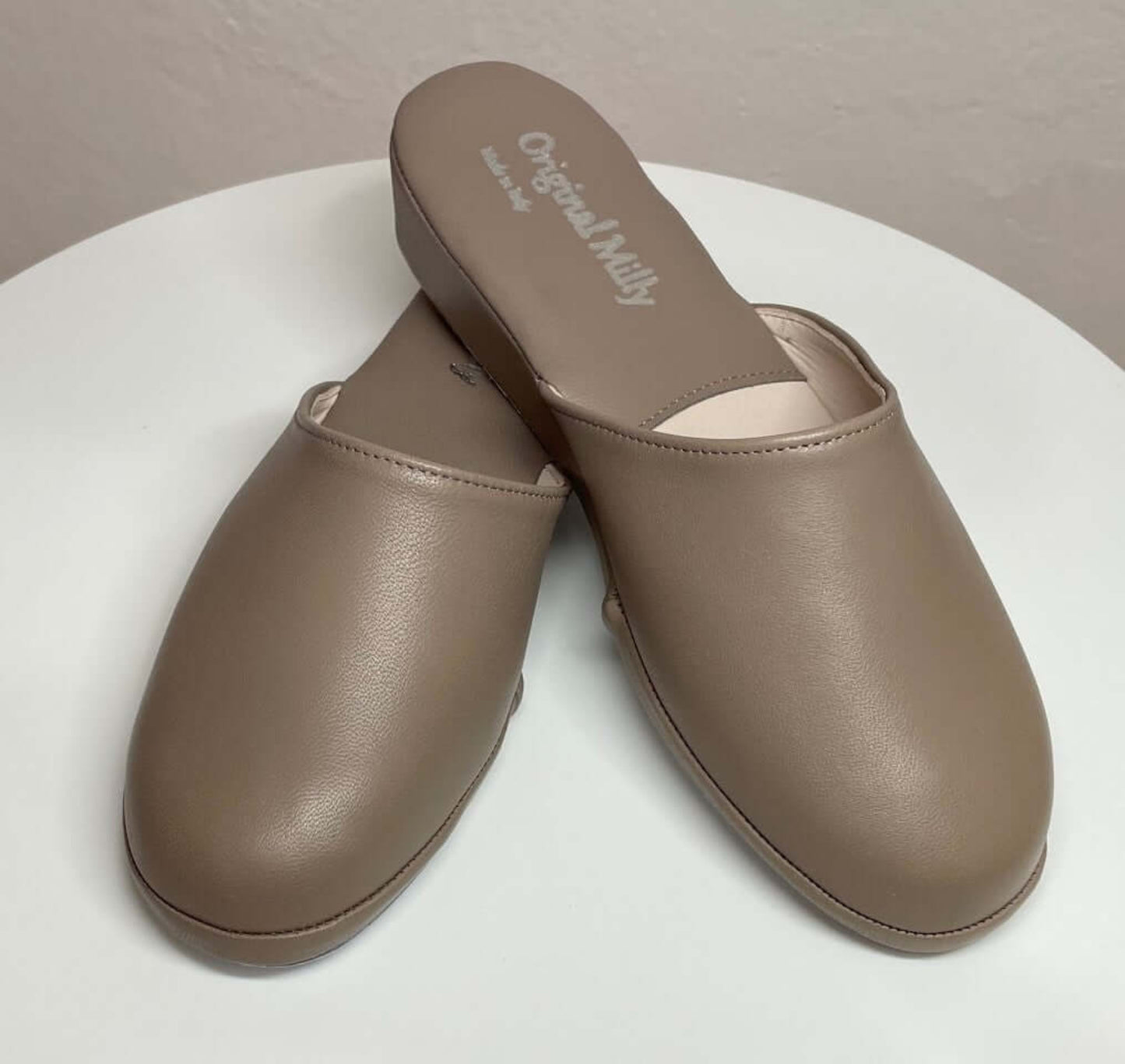 202 Nappa e Camoscio Taupe suola Bufalo Ciabatte da camera Donna Original Milly Made in Italy