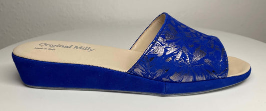 203 Camoscio Blu a Fiori Suola Bufalo Ciabatte da camera Donna Original Milly Made in Italy