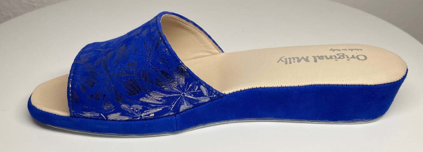 203 Camoscio Blu a Fiori Suola Bufalo Ciabatte da camera Donna Original Milly Made in Italy
