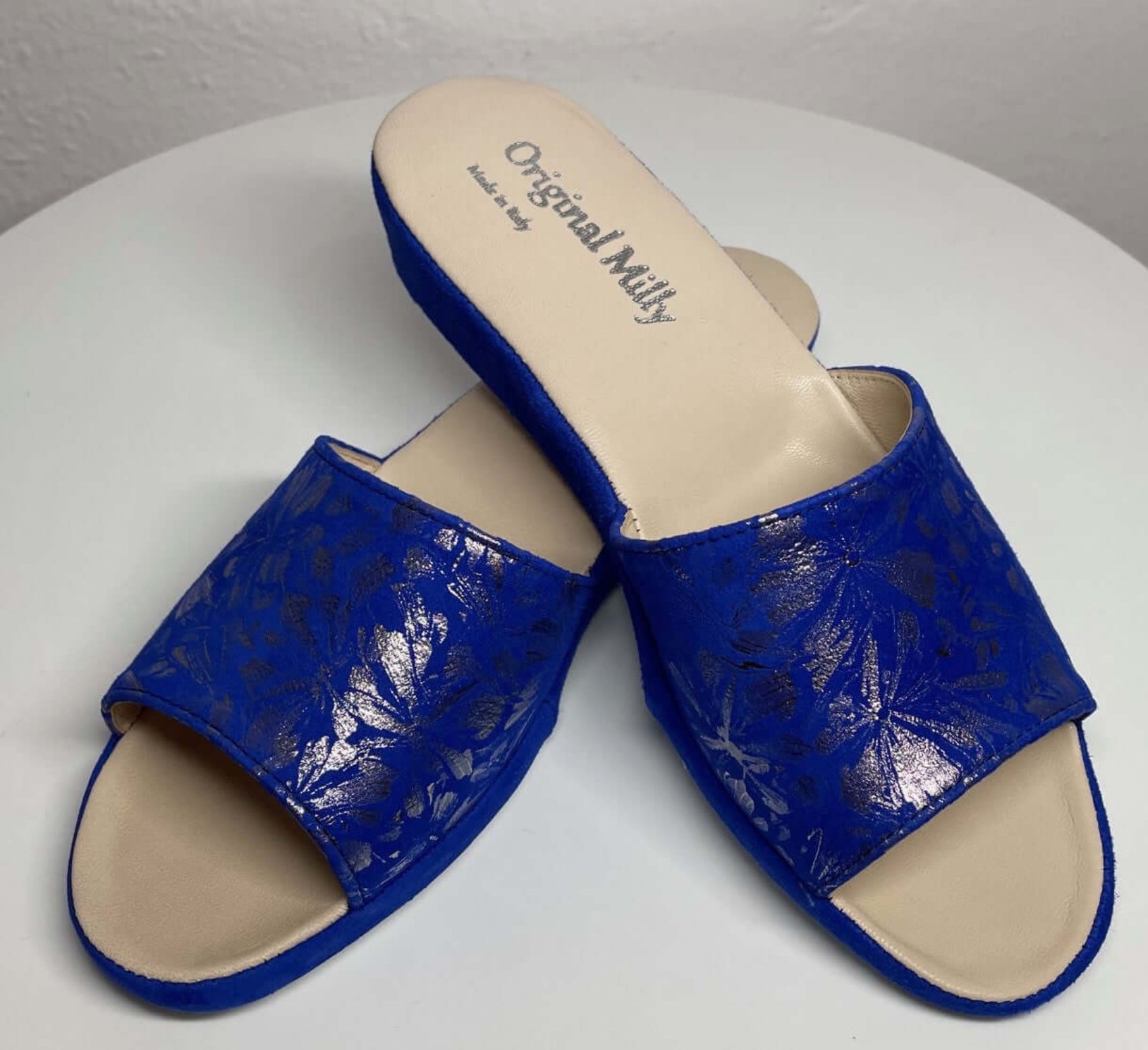 203 Camoscio Blu a Fiori Suola Bufalo Ciabatte da camera Donna Original Milly Made in Italy