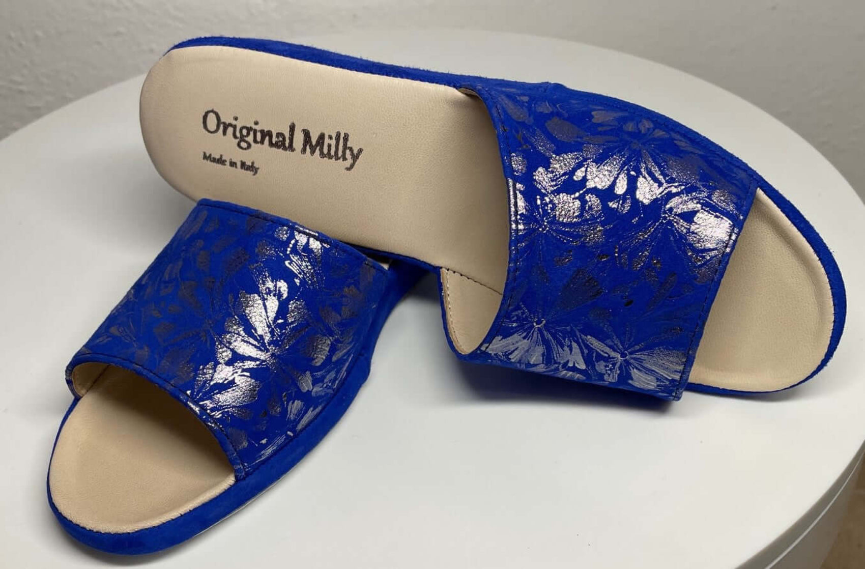 203 Camoscio Blu a Fiori Suola Bufalo Ciabatte da camera Donna Original Milly Made in Italy