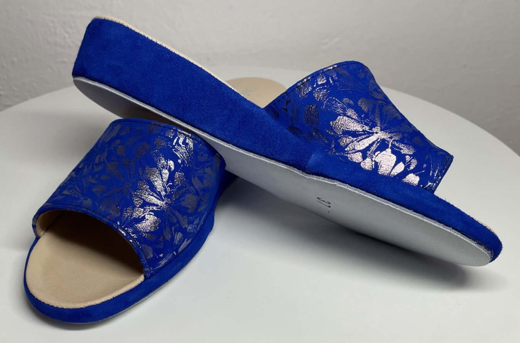 203 Camoscio Blu a Fiori Suola Bufalo Ciabatte da camera Donna Original Milly Made in Italy
