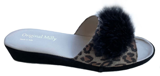 203 Camoscio Leopardo con piuma suola Bufalo Ciabatte da camera Donna Original Milly Made in Italy