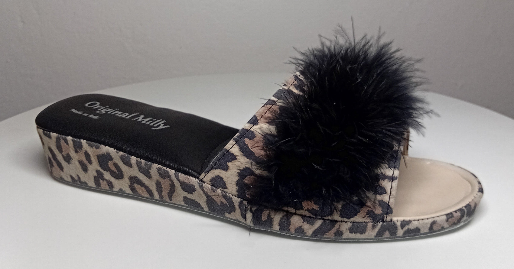 203 Camoscio Leopardo con piuma suola Bufalo Ciabatte da camera Donna Original Milly Made in Italy - Foto N 2