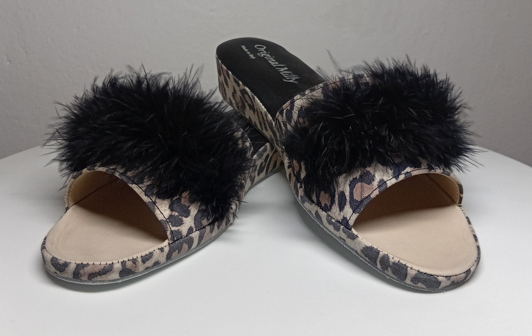 203 Camoscio Leopardo con piuma suola Bufalo Ciabatte da camera Donna Original Milly Made in Italy - Foto N 4
