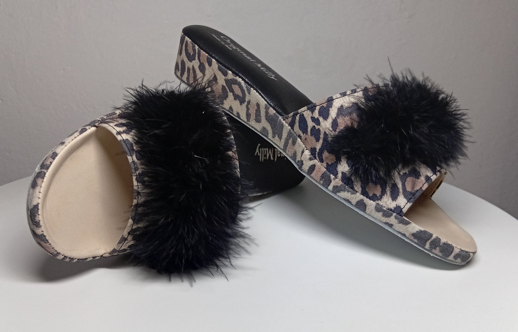 203 Camoscio Leopardo con piuma suola Bufalo Ciabatte da camera Donna Original Milly Made in Italy - Foto N 7