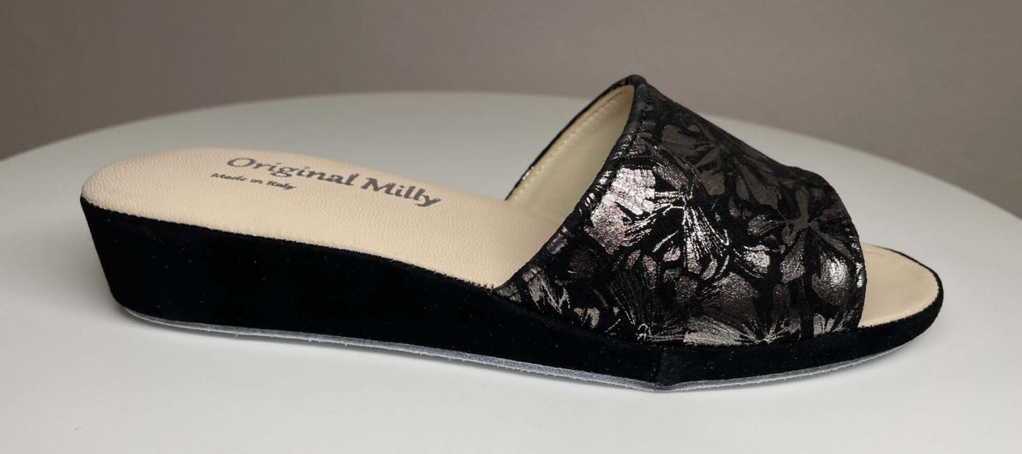 203 Camoscio Nero a Fiori suola Bufalo Ciabatte da camera Donna Original Milly Made in Italy