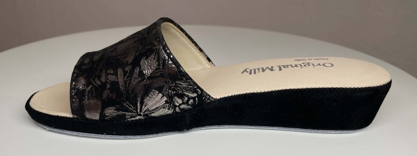 203 Camoscio Nero a Fiori suola Bufalo Ciabatte da camera Donna Original Milly Made in Italy