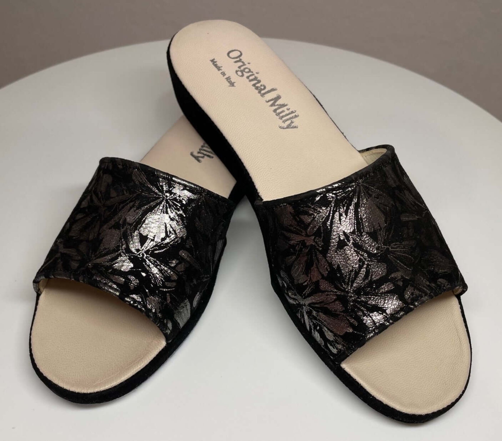 203 Camoscio Nero a Fiori suola Bufalo Ciabatte da camera Donna Original Milly Made in Italy