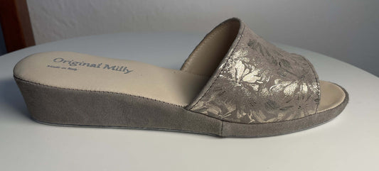 203 Camoscio Taupe a Fiori Suola Bufalo Ciabatte da camera Donna Original Milly Made in Italy