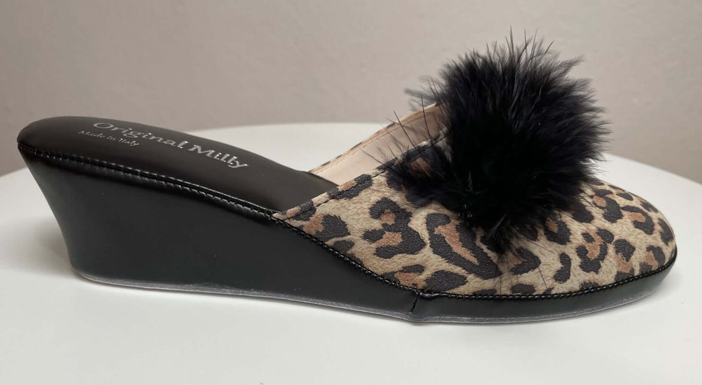300 Camoscio Leopardo con piuma suola Bufalo Ciabatte da camera Donna Original Milly Made in Italy