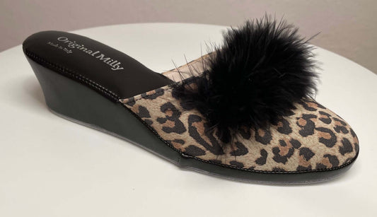 300 Camoscio Leopardo con piuma suola Bufalo Ciabatte da camera Donna Original Milly Made in Italy