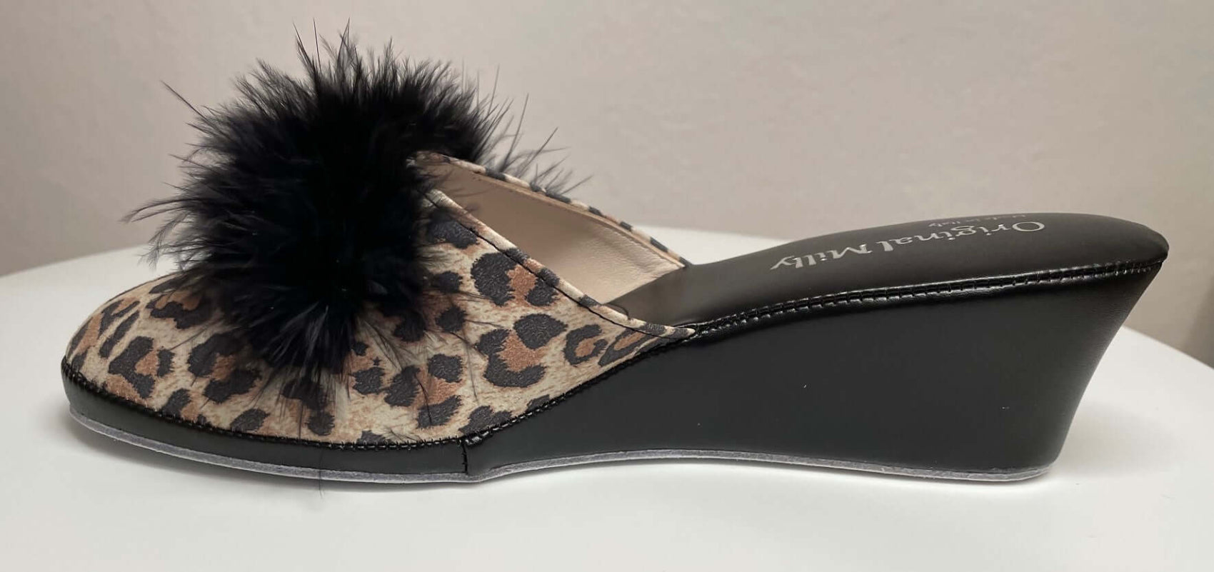 300 Camoscio Leopardo con piuma suola Bufalo Ciabatte da camera Donna Original Milly Made in Italy