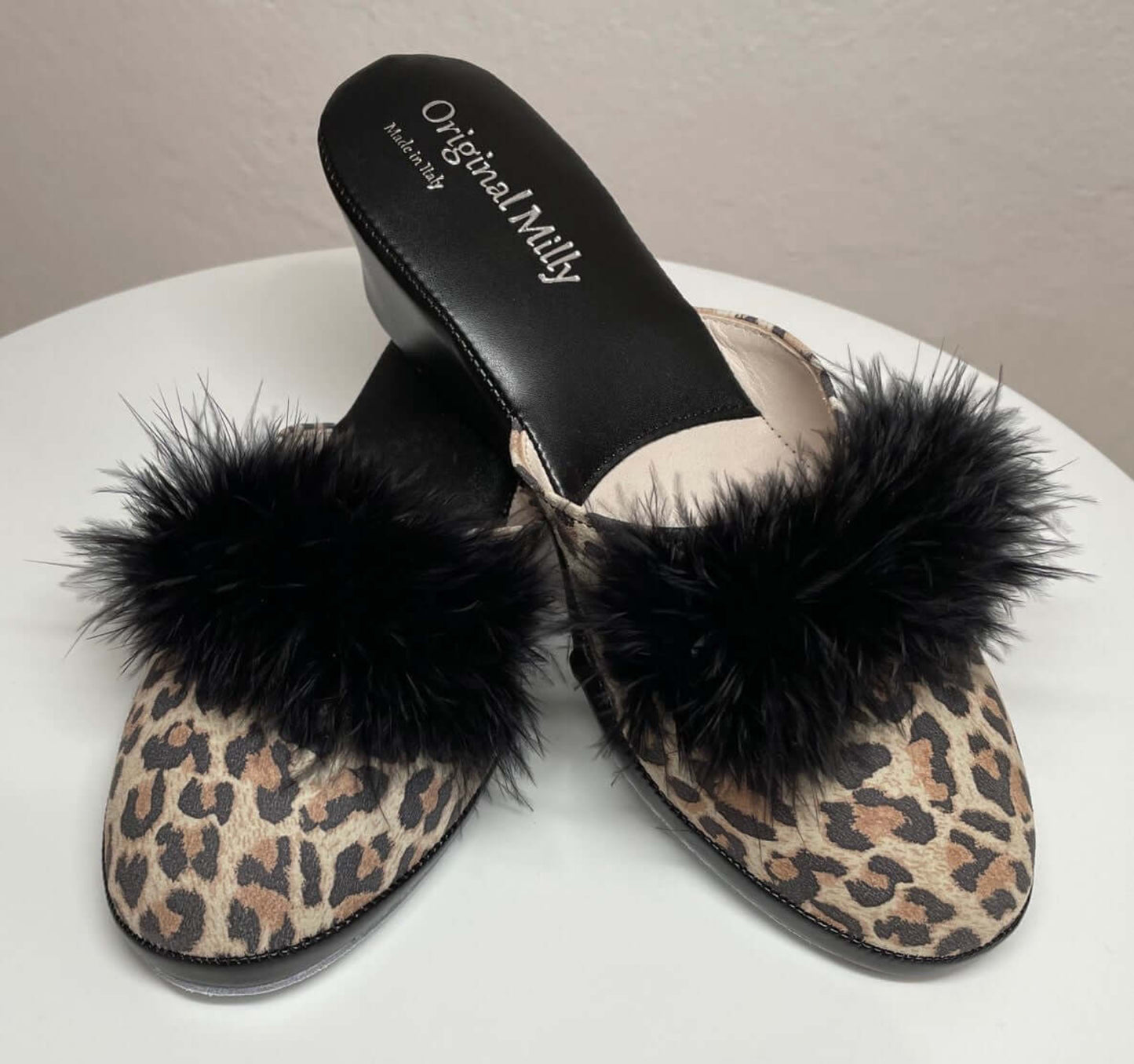300 Camoscio Leopardo con piuma suola Bufalo Ciabatte da camera Donna Original Milly Made in Italy