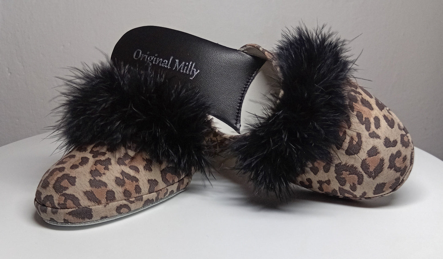 300 Camoscio Leopardo con piuma suola Bufalo Ciabatte da camera Donna Original Milly Made in Italy - Foto N 6