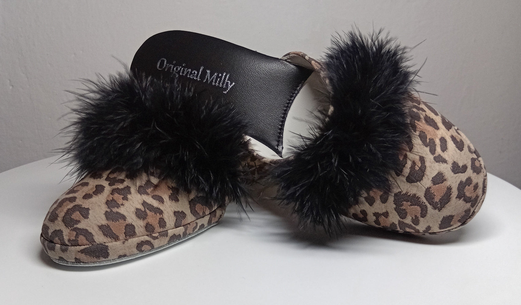 300 Camoscio Leopardo con piuma suola Bufalo Ciabatte da camera Donna Original Milly Made in Italy - Foto N 6