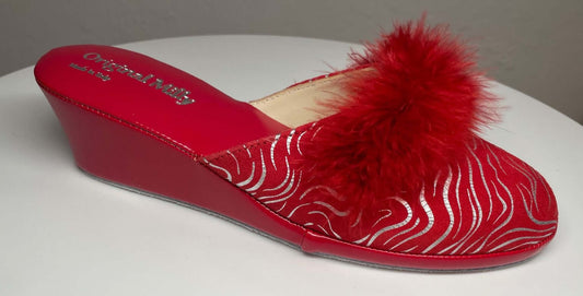 300 Camoscio Zebrato Rosso con piuma suola Bufalo Ciabatte da camera Donna Original Milly Made in Italy