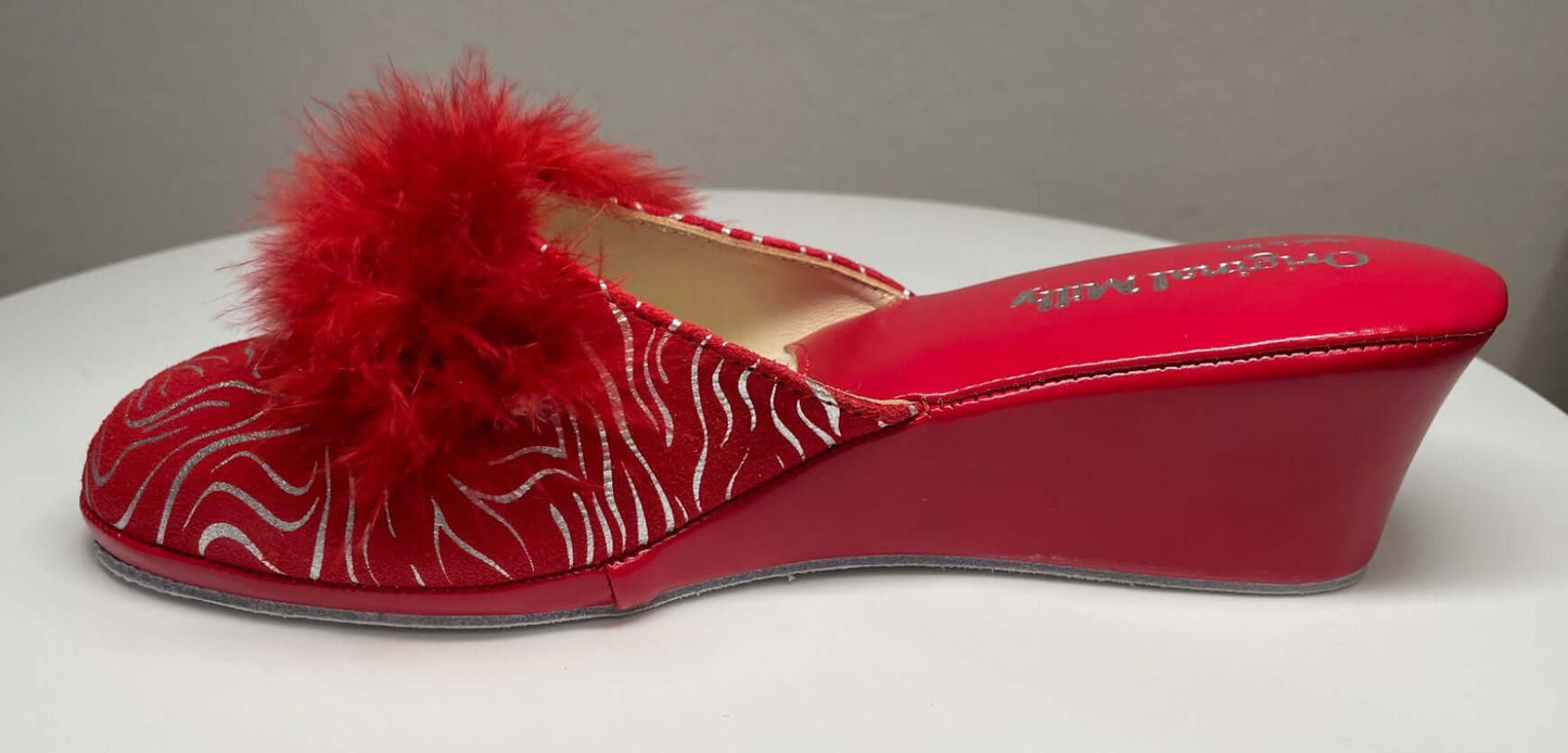 300 Camoscio Zebrato Rosso con piuma suola Bufalo Ciabatte da camera Donna Original Milly Made in Italy