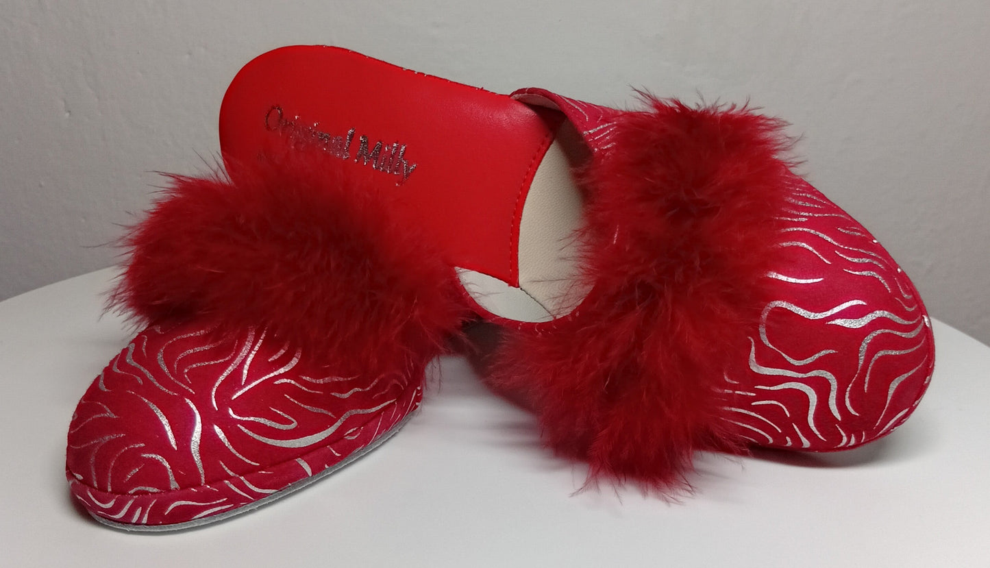 300 Camoscio Zebrato Rosso con piuma suola Bufalo Ciabatte da camera Donna Original Milly Made in Italy - Foto N 6