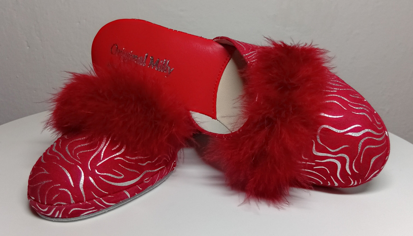 300 Camoscio Zebrato Rosso con piuma suola Bufalo Ciabatte da camera Donna Original Milly Made in Italy - Foto N 6