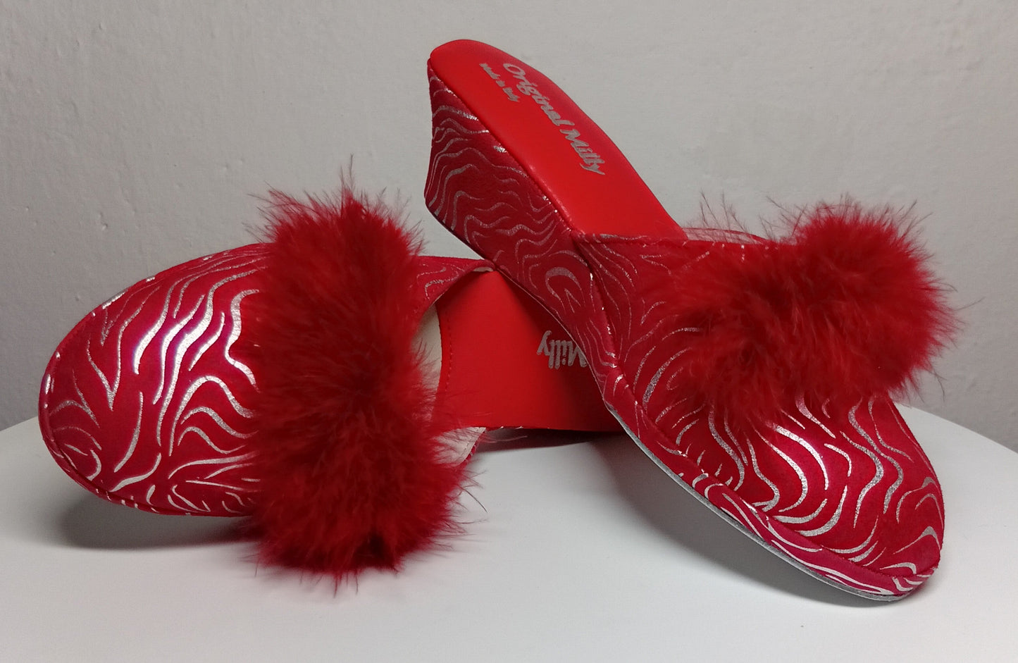 300 Camoscio Zebrato Rosso con piuma suola Bufalo Ciabatte da camera Donna Original Milly Made in Italy - Foto N 7